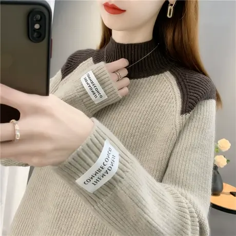 2023秋冬新款韩版半高领毛衣女拼色套头宽松针织衫上衣内搭打底潮商品大图