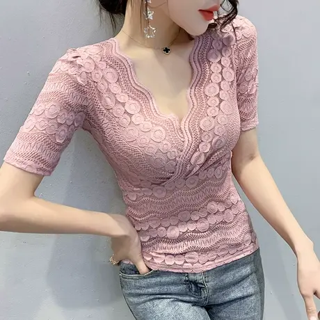 性感镂空V领蕾丝衫女短袖夏装2023新款时尚洋气上衣显瘦气质小衫商品大图