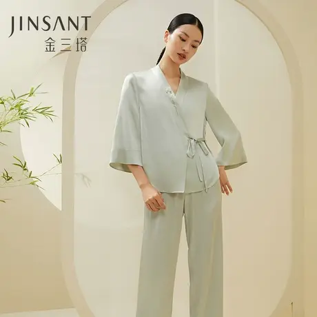 礼物】桑蚕丝弹力绸缎女刺绣花衣裤套国风可外穿家居服睡衣金三塔图片