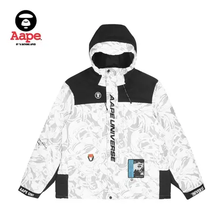 Aape旗舰店男装秋冬猿颜徽章线型迷彩连帽户外滑雪羽绒服7439XAH图片