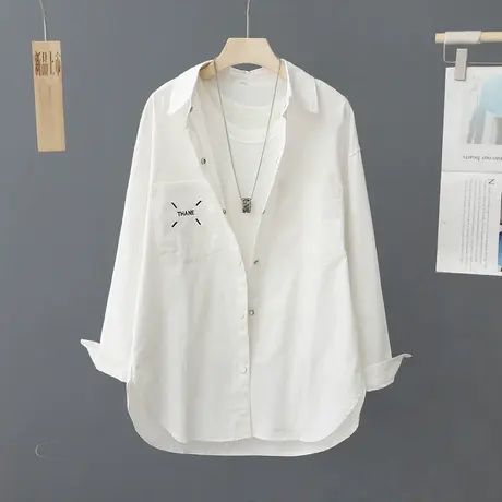 春季2023年新款白色复古牛仔衬衫女宽松上衣慵懒风网红长袖外套图片