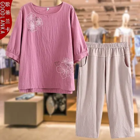 夏季中老年棉麻短袖上衣两件套宽松大码中年妈妈七分裤休闲套装商品大图