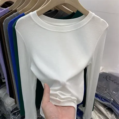 高级感螺纹纯色长袖T恤女秋季宽松圆领上衣高弹力洋气内搭打底衫商品大图