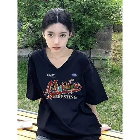 潮牌纯棉短袖t恤女设计感小众夏季港风chic宽松半袖小个子上衣服商品大图