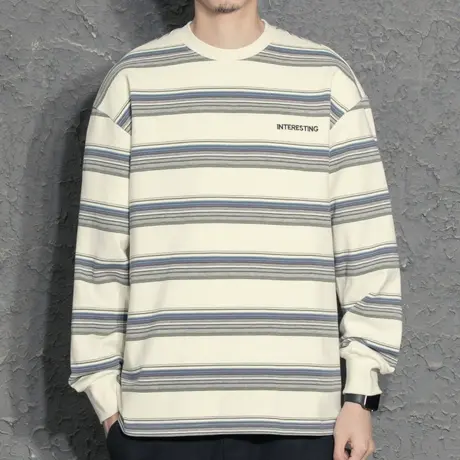 春季原创条纹男士加厚T恤百搭休闲圆领长袖日系基础款宽松上衣潮商品大图