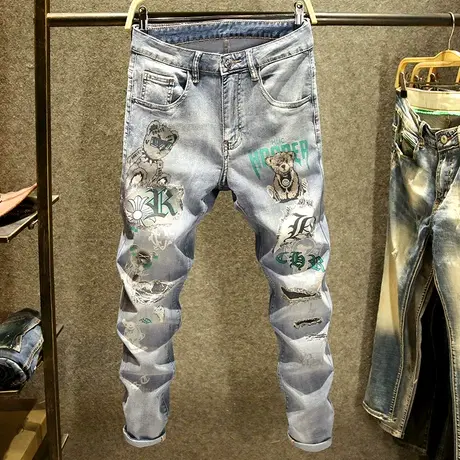 春夏季小熊印花牛仔裤男潮牌修身小脚裤网红破洞潮流帅气百搭长裤商品大图