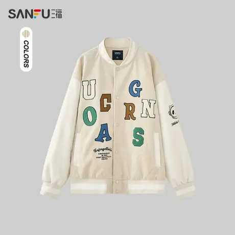 三福2023冬男士字母拼接棒球夹克 星际熊猫头刺绣外套476153商品大图