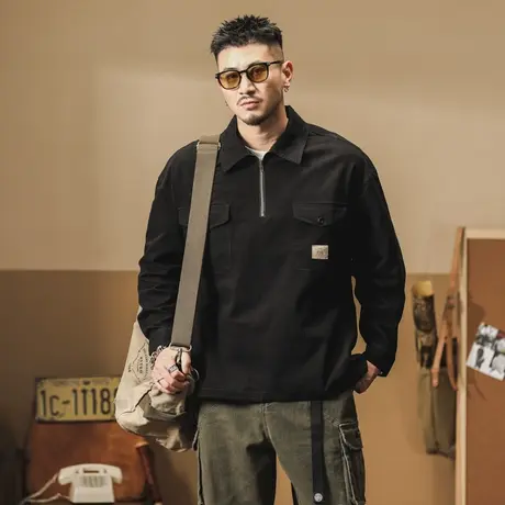 时尚百搭男款POLO衫休闲男士宽松日系衬衫复古长袖夏季潮流POLO衫商品大图