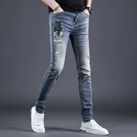2022欧洲站潮牌牛仔裤男小熊刺绣破洞夏季新款潮流修身小脚长裤男商品大图