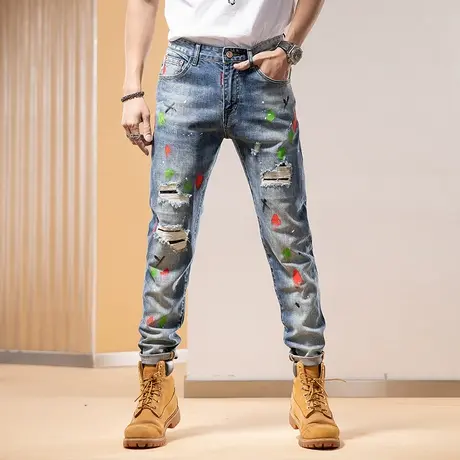 Modi Nick/摩帝尼克男款破洞潮牌美式休闲牛仔裤男款长裤印花时尚商品大图