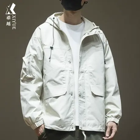 希越户外三防冲锋衣男秋季款抗皱工装象牙白外套宽松大码男装夹克商品大图