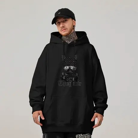 美式复古嘻哈大码卫衣男装ins纯棉重磅做旧高街狗头外套加绒春秋商品大图