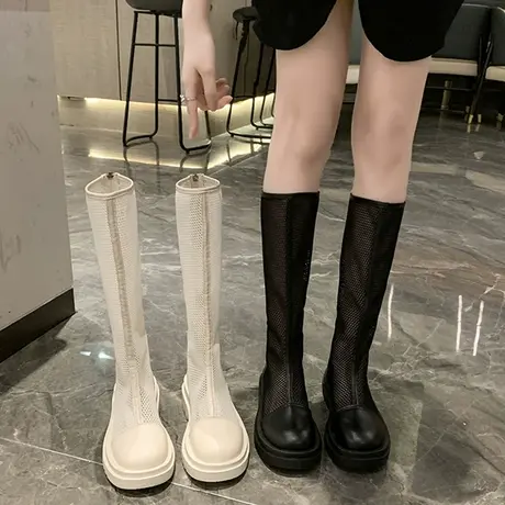 白色长筒靴女春秋夏季薄款透气网纱镂空骑士靴小个子内增高厚底图片