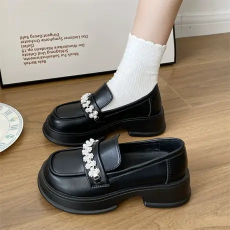 小皮鞋女春夏粗跟百搭2023年新款乐福鞋珍珠英伦风黑色一脚蹬单鞋商品大图
