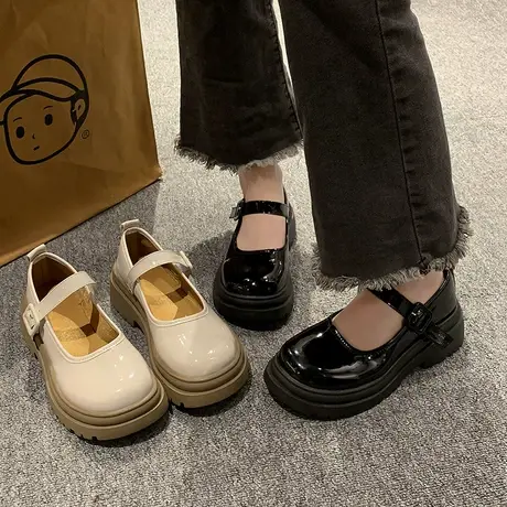 圆头浅口复古英伦风厚底松糕秋季小皮鞋女2023新款一字扣带乐福鞋图片