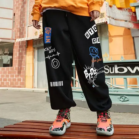 青少年裤子ins高街潮hiphop美式oversize男士卫裤2023新款黑色商品大图