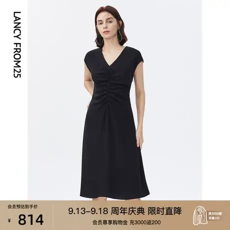 朗姿法式轻礼服气质收腰V领黑色裙子女抽褶连衣裙夏季新款小黑裙商品大图