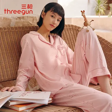 三枪睡衣女春秋纯棉长袖新品印花水柔棉翻领开襟简约家居服套装商品大图