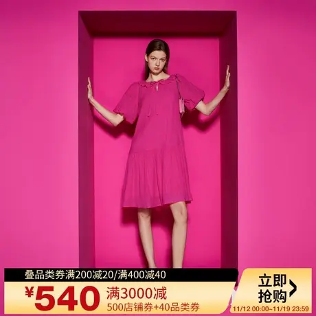 Juicy Couture橘滋2023新款甜美系带绣花宽松泡泡袖玫红连衣裙图片