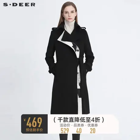 sdeer圣迪奥冬季女装时尚翻领拼接印花收腰毛呢大衣女S20481803图片