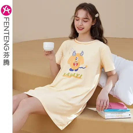 芬腾纯棉睡裙女可爱卡通夏季薄款短袖中长裙少女可外穿家居服睡衣商品大图
