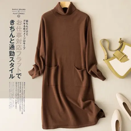 针织裙中长款连衣裙春秋宽松复古日系简约高领毛衣裙2022秋季新款商品大图