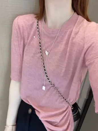 欧货纯色百搭圆领短袖T恤女装2023夏季新款休闲打底小衫上衣ins潮商品大图