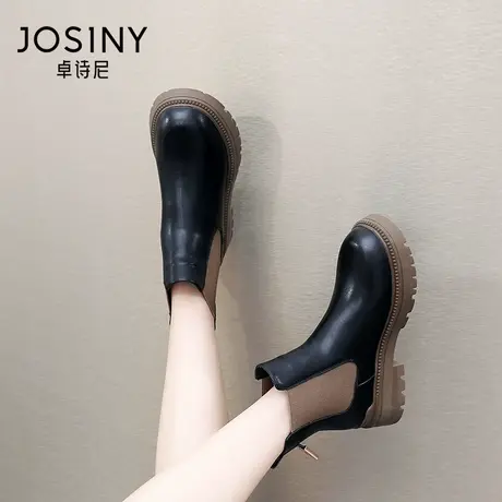 卓诗尼2023秋冬新款显瘦短筒靴单靴时尚英伦风女靴厚底切尔西靴女商品大图