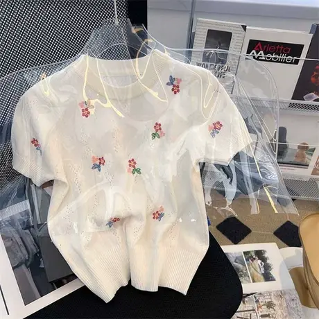 小香风镂空花朵刺绣短袖针织衫女夏装显瘦洋气减龄短款套头上衣潮商品大图