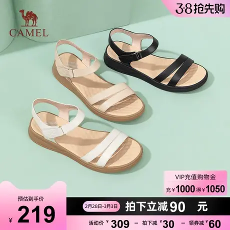 骆驼女鞋2023夏季新款一字带真皮软底妈妈凉鞋魔术贴厚底凉鞋女款图片