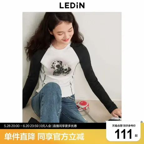 乐町美式复古风秋季新款撞色插肩袖斑点狗印花修身长袖T恤商品大图