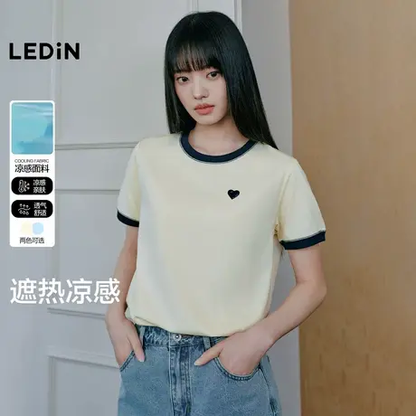 【凉感T】乐町撞色短袖女夏季新款女装正肩少女爱心上衣假两件T恤商品大图