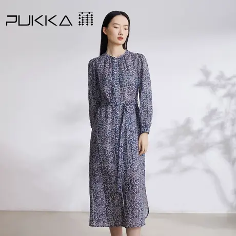 蒲PUKKA 原创设计2023早秋新品定制苎麻印花法式田园风收腰连衣裙图片