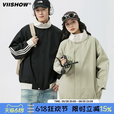 VIISHOW国潮牌条纹立领夹克衫上衣男春季宽松休闲情侣机能风外套商品大图