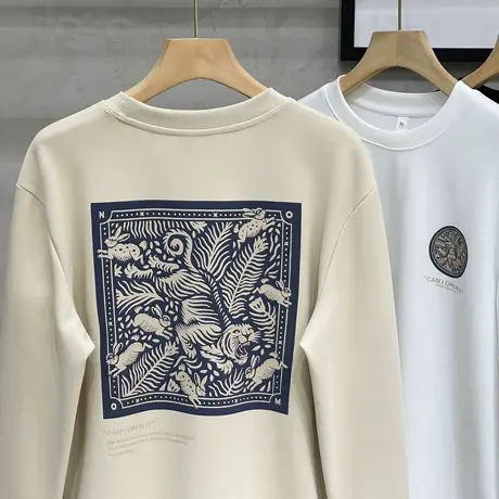 丝光爽棉秋季宽松刺绣上衣日系复古印花长袖t恤男春秋圆领卫衣男图片