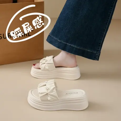 厚底增高小个子拖鞋女款夏季外穿2025新款真皮显瘦珍珠凉拖鞋34码商品大图