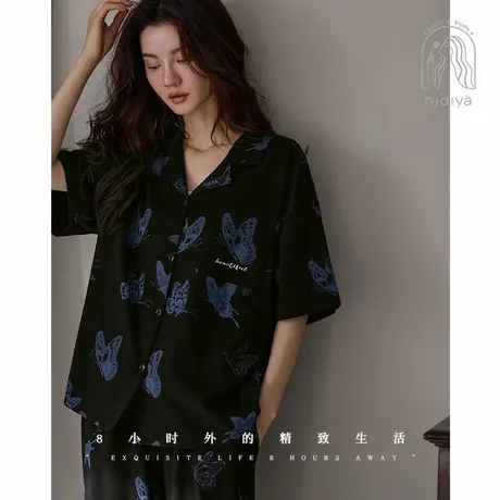 妮狄娅睡衣女夏季凉感柔软棉短袖开衫款时尚长裤可外穿家居服套装商品大图