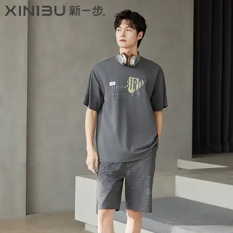 新一步纯棉短袖印花睡衣男款加大加肥薄款宽松休闲短裤家居服套装商品大图