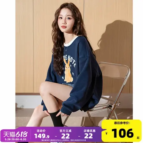 唐狮加绒卫衣女2025春季新款圆领卡通印花套头卫衣撞色休闲卫衣潮商品大图