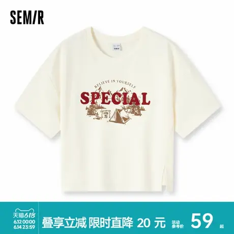 森马短袖T恤女短款开叉露营风印花户外夏季复古宽松衣服时尚个性图片