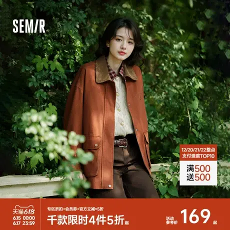森马外套女中长款拼色灯芯绒翻领复古2024新款秋刺绣宽松夹克时尚图片