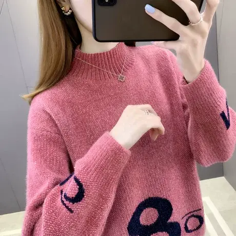 秋冬季韩版2023年新款套头短款字母半高领毛衣女士内搭长袖上衣服图片