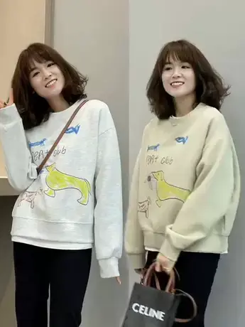 秋季新款洋气外穿印花慵懒风宽松套头卫衣女百搭韩版休闲百搭上衣图片