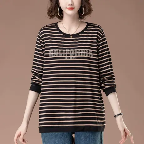 烫钻纯棉长袖T恤女春秋季宽松加大码女装中年妈妈条纹显瘦打底衫商品大图