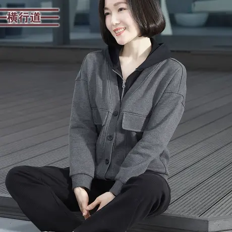 2023新款冬装连帽假两件撞色长袖外套女装妈妈大码洋气加厚上衣服商品大图