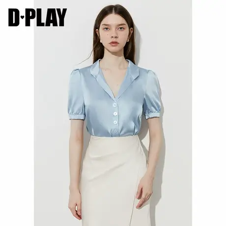 DPLAY2025年夏季新款蓝色缎面衬衫女法式气质休闲衬衣短袖上衣图片