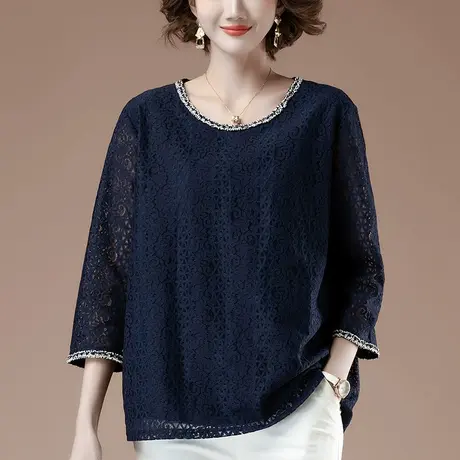 妈妈七分袖t恤春秋装2023新款加肥加大码女装宽松蕾丝上衣女中袖商品大图