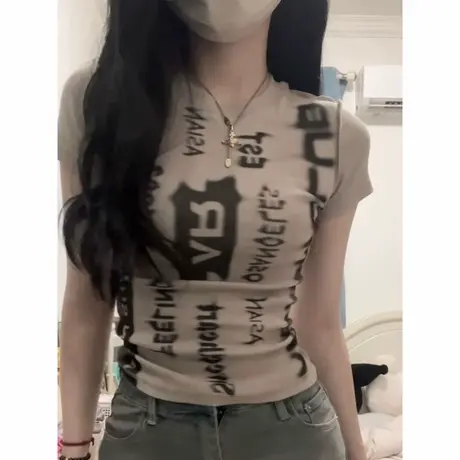 美式复古辣妹紧身短袖t恤女夏季2025新款设计感修身显瘦短款上衣商品大图