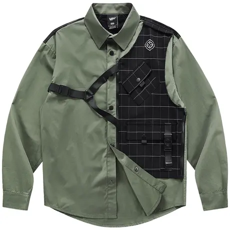 VIP机能拼接假两件长袖衬衫男小众设计感上衣春秋多口袋衬衣外套商品大图