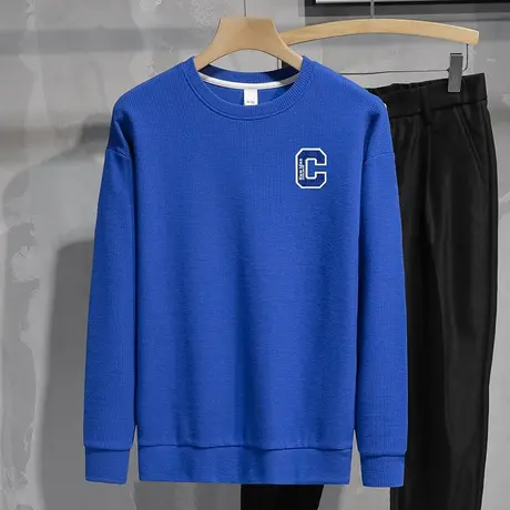 华夫格卫衣男宽松潮流克莱因蓝套头无帽上衣服春秋款圆领长袖t恤商品大图